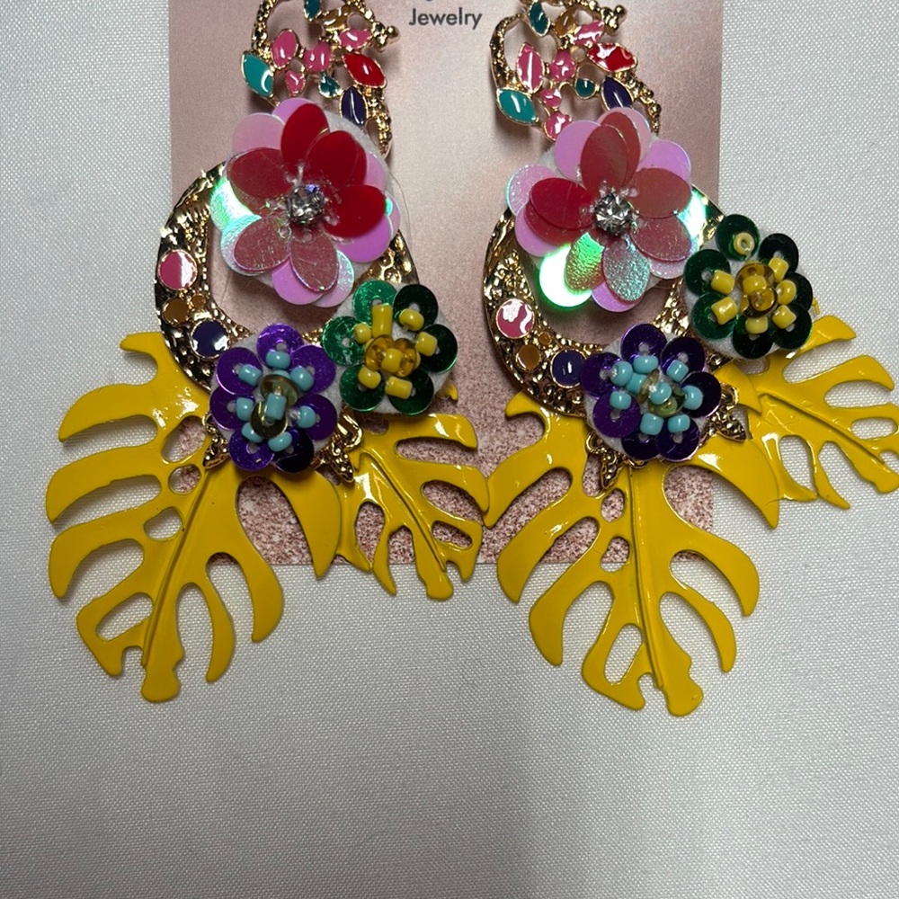 Tropical Island Floral Statement Earrings with Pink, Green and Purple Accents